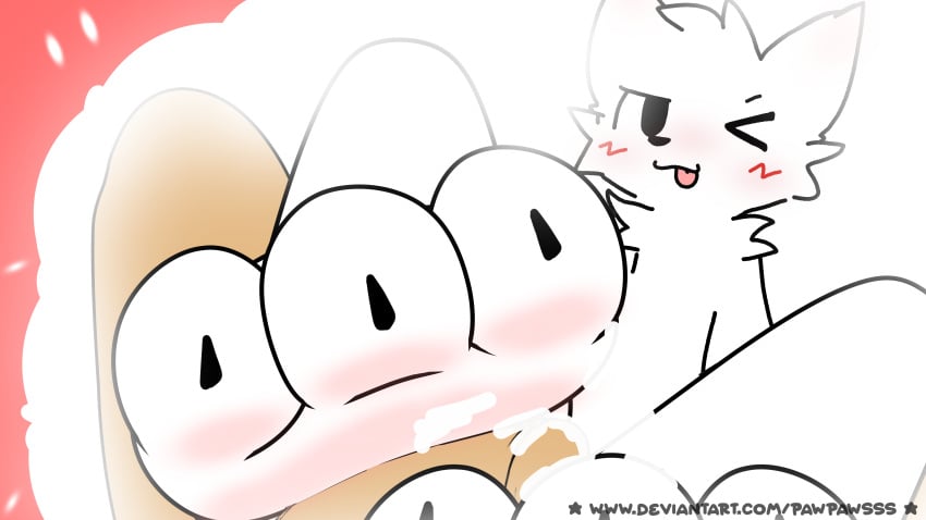 3_toes :3 absurd_res anthro average_penis black_nose blush blush_lines bodily_fluids boy_kisser_(meme) cheek_tuft chest_tuft claws cum cum_on_feet cum_on_penis cum_on_self digital_media_(artwork) domestic_cat duo facial_tuft feet felid feline felis first_person_view foot_fetish foot_focus foot_play footjob fur genital_fluids genitals head_tuft hi_res human human_on_anthro interspecies looking_at_viewer male mammal meme one_eye_closed pawpawsss penis pink_tongue sex silly_cat_(mauzymice) simple_background toes tongue tongue_out tuft white_background white_body white_fur wink winking_at_viewer