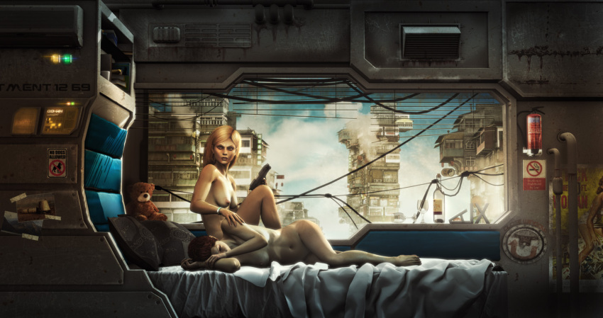 2girls 3d blonde_hair brown_hair completely_nude completely_nude_female estreet female gun nude nude_female original science_fiction weapon yuri