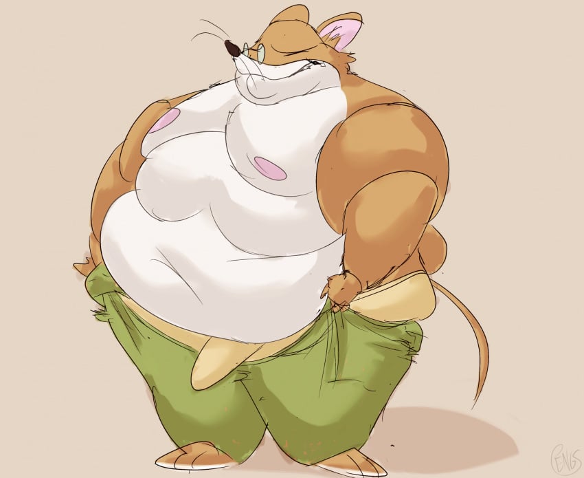 anthro belly big_belly black_nose bottomwear brown_body bulge clothing eyewear geronimo_stilton geronimo_stilton_(series) glasses hi_res male mammal moobs mouse murid murine nipples obese obese_male overweight overweight_male pants pengs rodent simple_background solo underwear