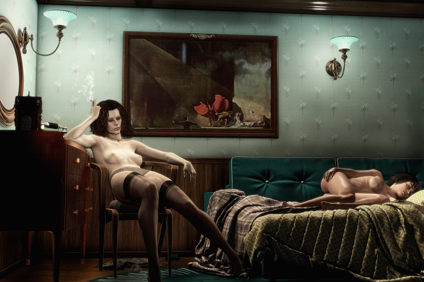 2girls 3d brown_hair completely_nude completely_nude_female estreet female nude nude_female original panties thighhighs topless topless_female
