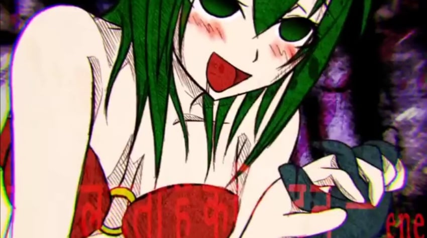 2013 2girls :d blue_gloves blush dark_green_eyes dark_green_hair drool echidna_(maha_no_hanashi) ell182a_(masa_works_design) encantada_(vocaloid) english_text eyes_up female female/female female_on_female forced_yuri gloves green_eyes green_hair gumi hatching_(texture) hatsune_miku hindi_text humping interlocked_fingers maha_no_hanashi masa_works_design medium_hair multiple_girls mv_character o-ring o-ring_top official_art rape red_top rolling_eyes smile text the_dancer_(maha_no_hanashi) vocaloid yuri