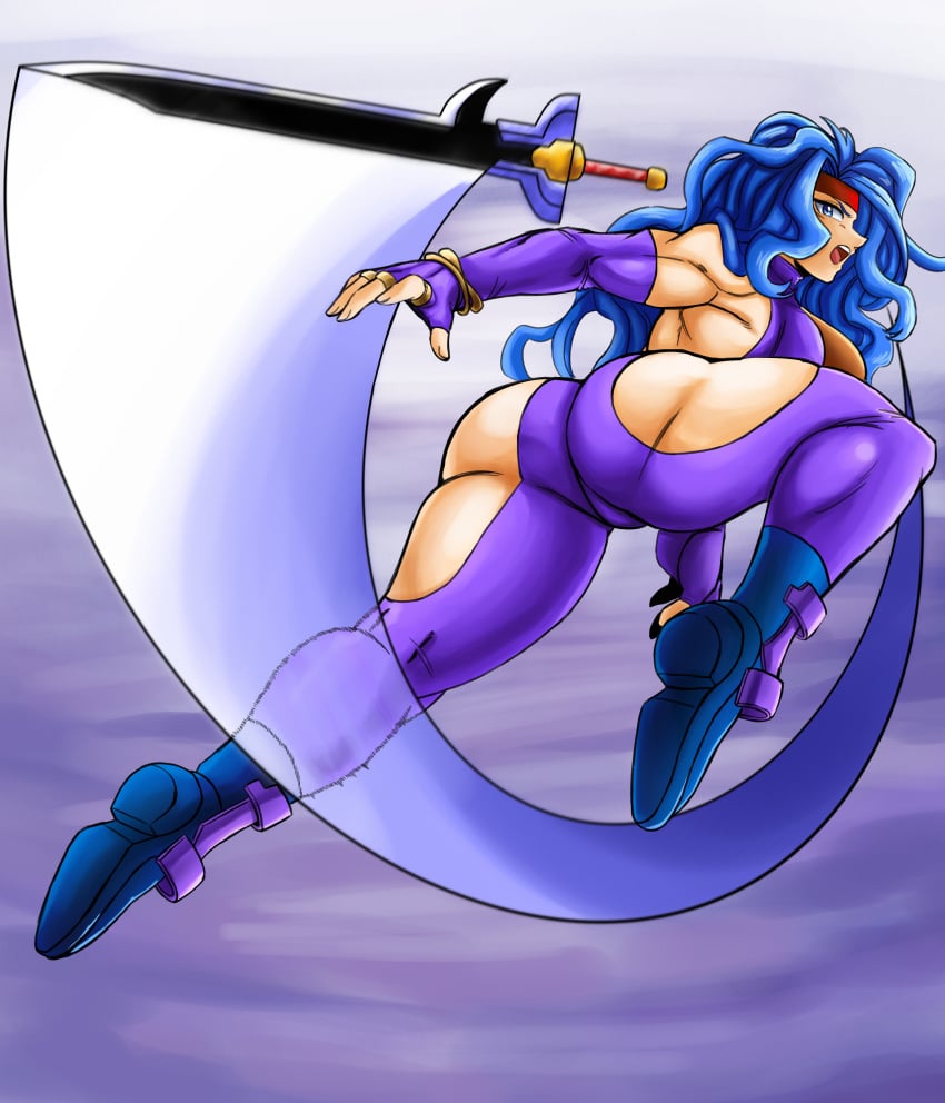 1girls amazon ass asura_blade asura_buster biceps big_ass blue_eyes blue_hair breasts charge_sol clothing female female_only headband long_hair looking_at_viewer looking_back png rosemary_(asura_blade) solo sword thick_thighs thunder_thighs weapon wide_hips