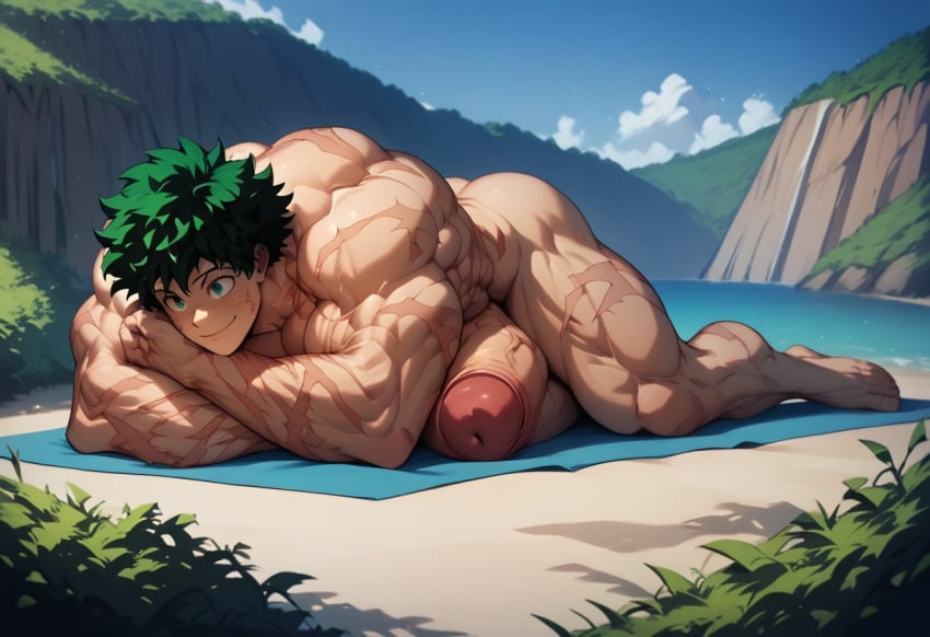 ai_assisted ai_generated big_muscles giant_male izuku_midoriya lake large_penis laying_on_stomach looking_at_viewer male male_only muscular muscular_male my_hero_academia naked penis scars_all_over solo_male towel valley