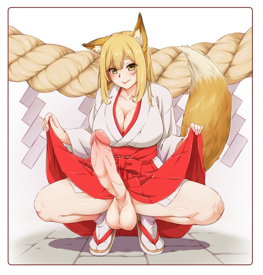 1futa animal_ears balls blonde_hair breasts cleavage clothed clothing decensored erection fox_ears fox_girl fox_tail front_view futa_only futanari hakama hakama_lift horny humanoid intersex kemonomimi kujya large_breasts large_penis light-skinned_futanari light_skin miko mostly_clothed pale_skin penis presenting sandals simple_background skirt skirt_lift solo solo_futa squatting tabi tail uncensored white_background yellow_eyes yellow_fur