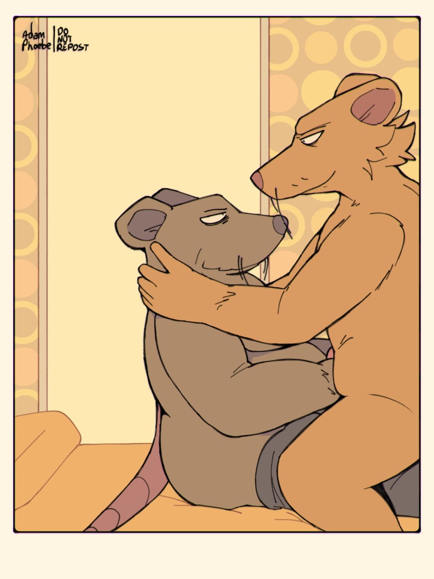 adamphoebe anthro antonio_lanzano bedroom_eyes brown_body brown_fur dan_palmieri duo fur handjob hi_res holding_head male male/male mammal mouse murid murine narrowed_eyes nude orange_body orange_fur overweight overweight_male penile rat rodent seductive sex size_difference under_covers