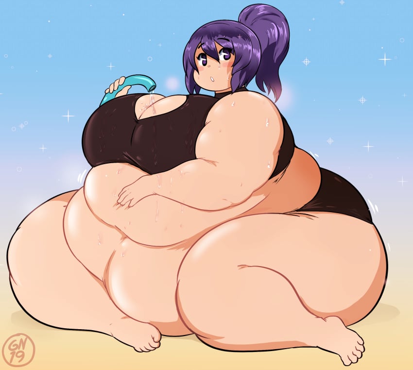 1boy barefoot bikini blush chubby femboy gammanaut girly hyper_belly hyper_thighs male male_only original overweight overweight_male pac-man_eyes purple_eyes purple_hair solo sparkles sparkling_eyes sweat wet wet_clothes wide_hips