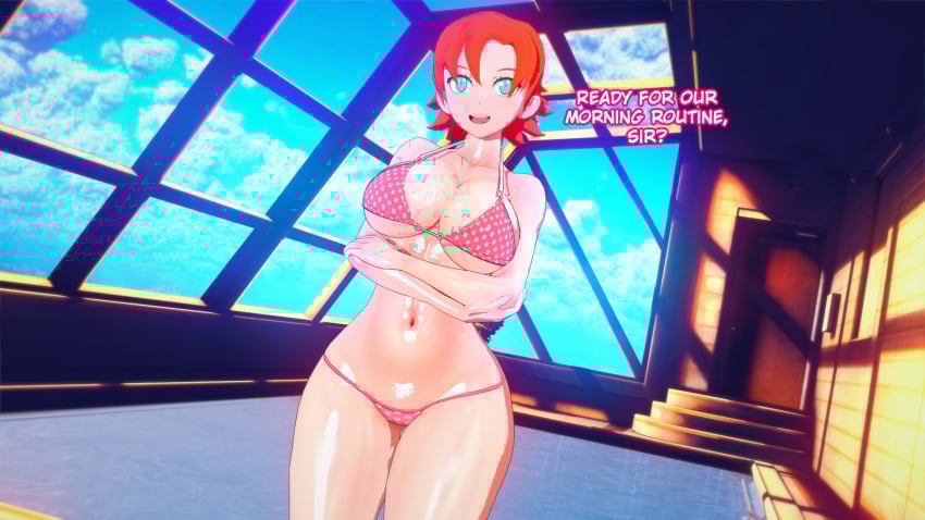 1girls arms_under_breasts bikini bikini_bottom bikini_top blue_eyes cleavage female nakadashi_(artist) nora_valkyrie orange_hair orange_hair_female rwby