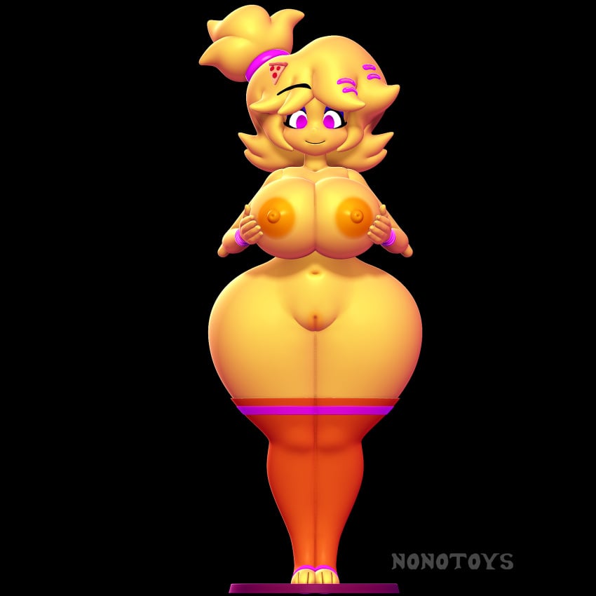 3d 3d_modeling areola big_breasts breasts chiku_(cryptiacurves) clothing digital_media_(artwork) female five_nights_at_freddy&#039;s food footwear fredina&#039;s_nightclub genitals hair hi_res holding_breast nipples nonotoys orange_areola orange_nipples pink_eyes pinup pizza pizza_slice pose pussy scottgames smile socks solo standing tied_hair yellow_body