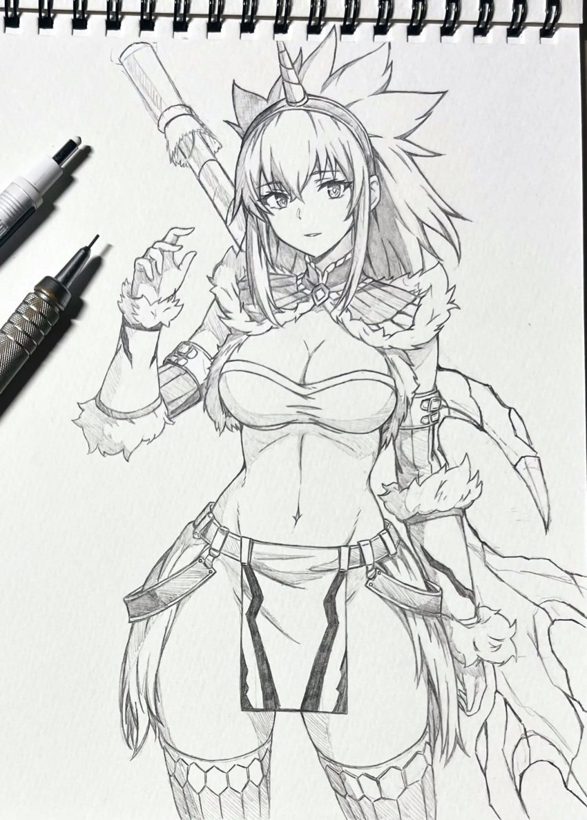 1girls big_breasts black_and_white bracelet breasts cleavage cleavage_window covering_crotch covering_pussy detailed diadem eraser female fur_clothing good_artwork greatsword horn huge_tits hunter_(monster_hunter) kirin_(armor) legs line_art midriff monochrome monster_hunter monster_hunter_(series) monster_hunter_2 monster_hunter_world navel navel_line no_panties pencil_(object) seishun_dendeke shaved_pussy skirt slim_girl slim_waist spiked_hair standing tagme tank_top thick_thighs toned toned_female traditional_media traditional_media_(artwork) weapon_on_back