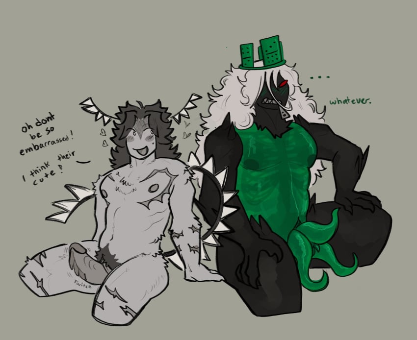 1boy 1nonbinary 1x1x1x1 1x1x1x1_(forsaken) black_body black_skin deadmeatboar dominus duo forsaken_(roblox) gay gray_body gray_hair grey_skin hat headwear male multiple_penises naked nonbinary nude open_mouth penis pubic_hair roblox roblox_game robloxian sitting skeleton tail tentacle_penis text text_bubble top_scars two_time_(forsaken) white_hair zipper_mouth
