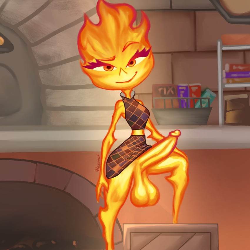 absurd_res balls big_penis bottomwear clothed clothing clothing_lift detailed_background disney elemental_(pixar) elemental_creature ember_lumen eyebrows eyelashes flashing flashing_penis futanari genitals gynomorph hexecat hi_res humanoid inside intersex penis pixar raised_eyebrow saggy_balls skirt skirt_lift smile smug solo