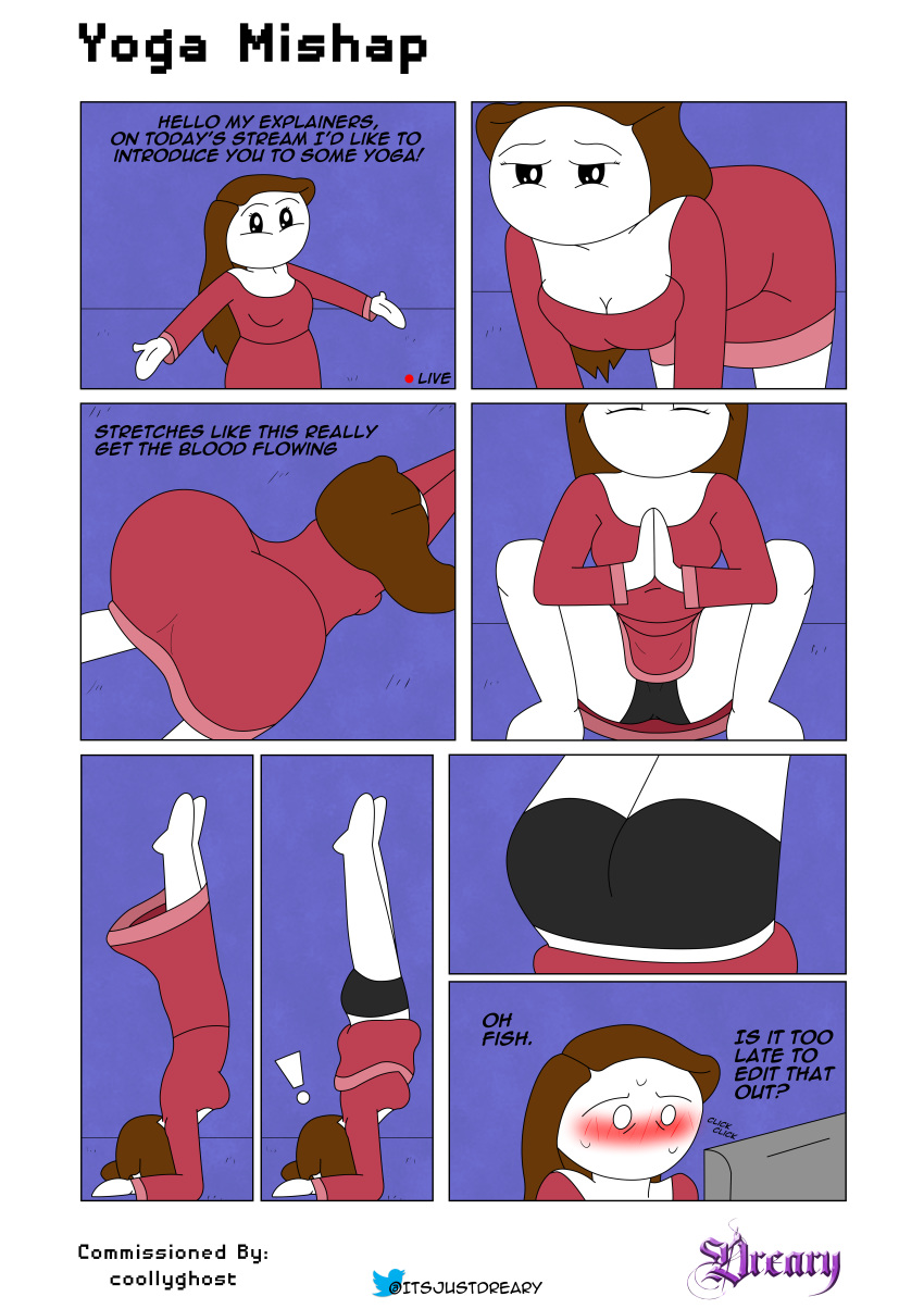 1girls clothing comic dreary english_text female female_only let_me_explain_studios panties rebecca_parham simple_background solo text underwear yoga yoga_poses youtube