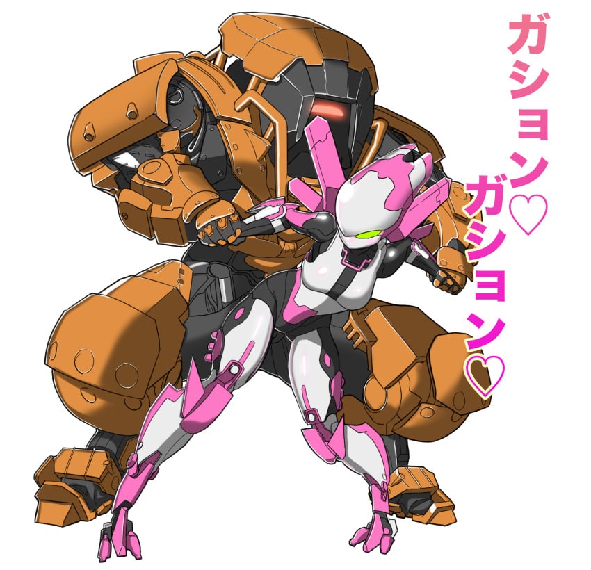 1boy 1girls 2019 anthem arms_behind_back arms_grab artist_name artist_request ass_visible_through_thighs breasts colossus_(anthem) female interceptor japanese_text looking_back male mechanical mechanical_arm medium_breasts robot robot_boy robot_girl robot_humanoid robotic_arm spread_legs thick thick_thighs thighhighs thighs translation_request