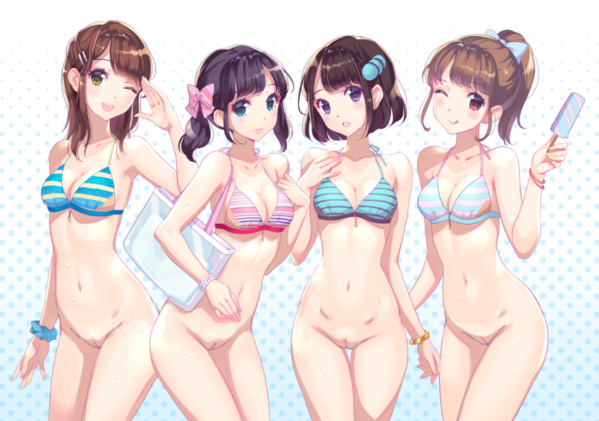 bikini black_hair brown_hair food green_eyes group ice_cream long_hair nishimura_eri original photoshop ponytail purple_eyes pussy short_hair swimsuit twintails uncensored wink