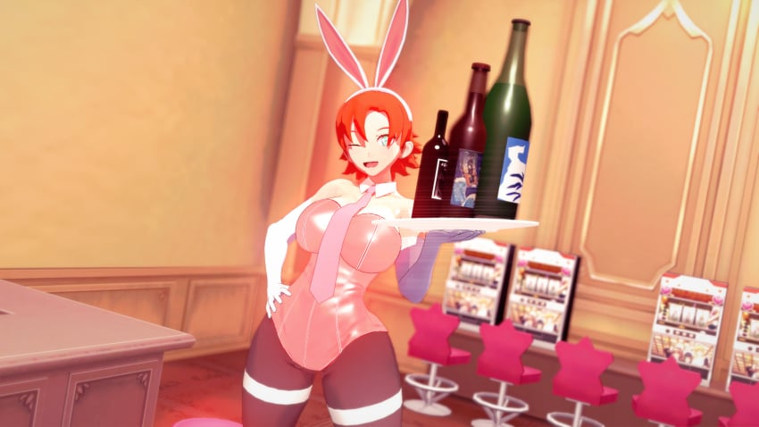 1girls blue_eyes bunny_ears bunnysuit female hand_on_hip nakadashi_(artist) nora_valkyrie orange_hair orange_hair_female rwby tie wine_bottle