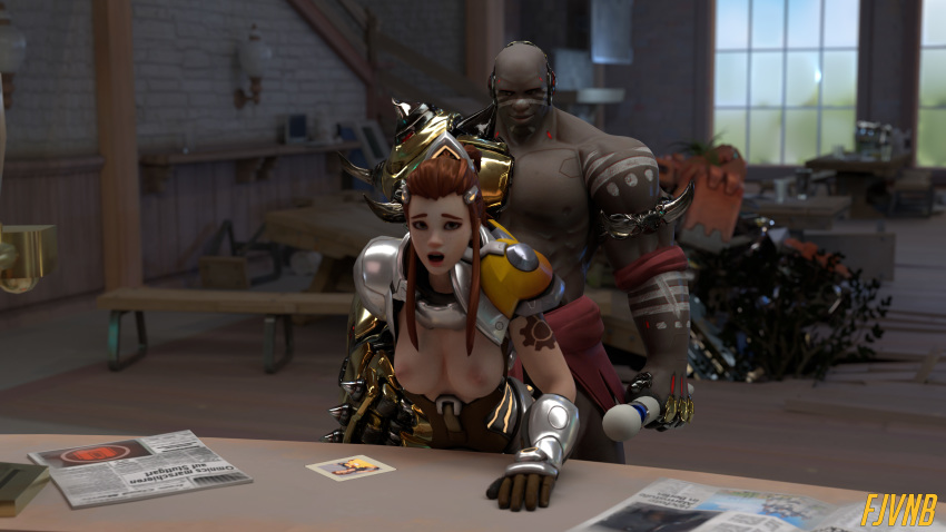 1boy 1girls 3d blizzard_entertainment breasts breasts_out brigitte dark-skinned_male dark_skin doomfist female fjvnb functionally_nude interracial magic_wand male muscular muscular_male overwatch rape red_hair straight vibrator