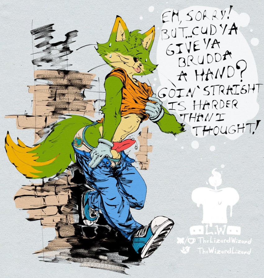 2025 animal_genitalia animal_penis anthro arched_back athletic athletic_anthro athletic_male balls bodily_fluids bottomwear bottomwear_down canid canine canine_genitalia canine_penis closed_eyes clothed clothing denim denim_bottomwear denim_clothing dialogue dragon_ball dripping english_text erection footwear fox fur genital_fluids genitals gloves grey_background hair handwear hi_res inviting jeans jeans_down kemono knot konkichi male mammal navel pants pants_down partially_clothed penis precum precum_drip precum_string raised_clothing raised_shirt raised_topwear shadow shirt shoes simple_background smile solo standing sweat text thewizardlizard tongue tongue_out topwear tuft underwear underwear_down undressing url wall_(structure) watermark whiskers