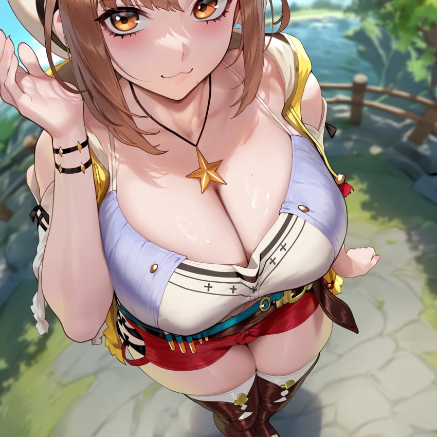1girls :3 absurd_res ai_generated atelier_ryza blush cleavage female from_above gigantic_breasts hand_up huge_breasts liu_(artist) looking_at_viewer outdoors pov_eye_contact reisalin_stout seductive seductive_look smile smug solo solo_female standing thick_thighs voluptuous voluptuous_female wide_hips