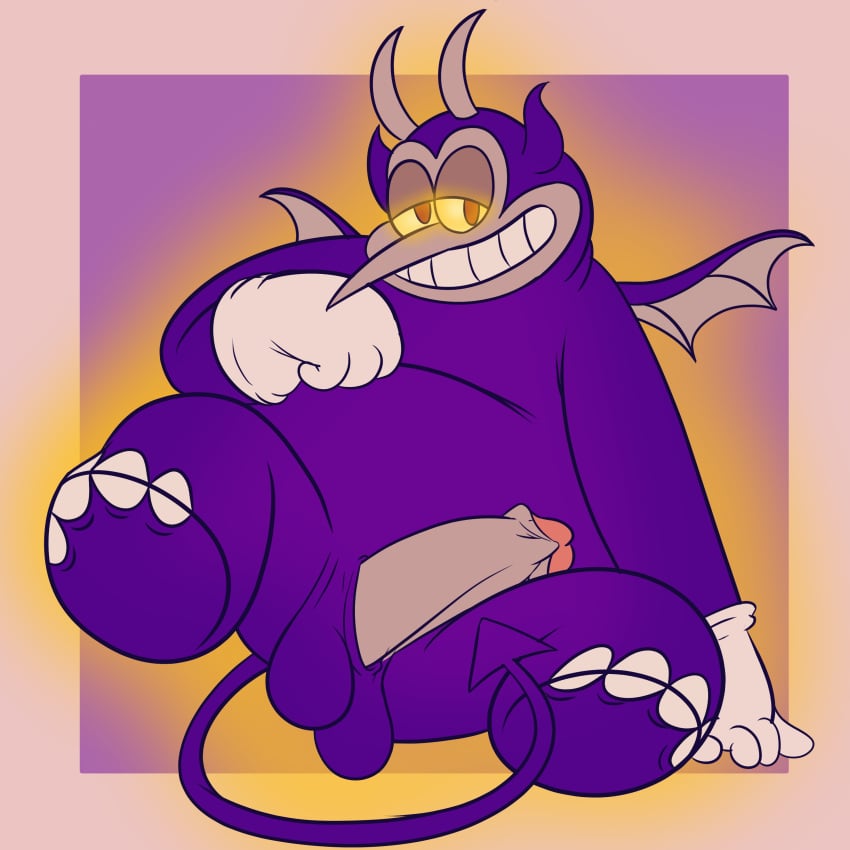 4_fingers 4_toes absurd_res anthro aroused balls bat_wings bob-jiggles clothing cuphead_(game) demon elephant elephantid fat_demon_(cuphead) fatty_humps feet fingers genitals gloves glowing glowing_body glowing_eyes handwear hi_res horn knee_up long_nose long_tail male mammal membrane_(anatomy) membranous_wings overweight overweight_male penis penis_on_leg plantigrade pointy_nose proboscidean purple_background purple_body raised_leg red_eyes simple_background sitting smile smiling_at_viewer solo solo_male spade_tail spread_legs spreading tail toes white_clothing white_gloves white_handwear wings yellow_sclera