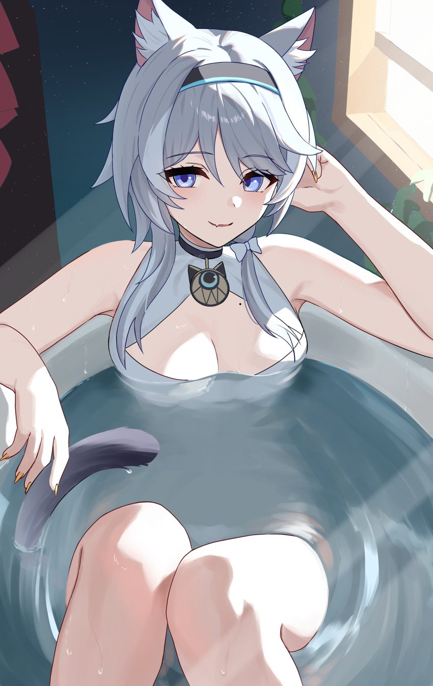 2025 background bath bathroom bathtub blush boob breasts cat_ears cat_girl cat_mouth cat_tail catgirl choker cipher_(honkai:_star_rail) female female_focus female_only gray_hair grey_hair half_naked headband honkai:_star_rail honkai_(series) hoyoverse mihoyo mole mole_on_breast orange_nails purple_eyes questionable short_hair smirk smirking smirking_at_viewer solo solo_female solo_focus twitter