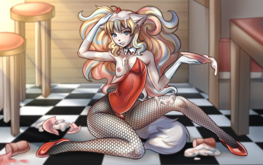 anthro balls blonde_hair bodysuit cafe clothed clothing crossdressing digital_media_(artwork) felid feline femboy fishnet_clothing footwear genitals high_heels invalid_background male mammal mistake nipples rogbiejoke shoes skinsuit tight_clothing waiter