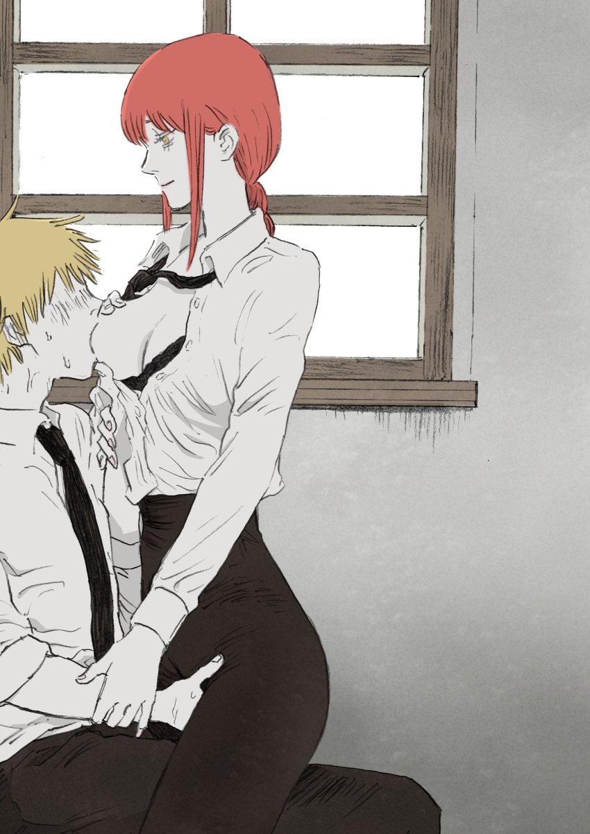 1boy absurdres aegyo_sal black_necktie black_pants blush braid breast_sucking breasts chainsaw_man denji_(chainsaw_man) faceless faceless_male female fingering fingering_through_clothes grabbing_another&#039;s_breast groping highres indoors looking_at_another makima_(chainsaw_man) male medium_breasts necktie pants partially_unbuttoned profile senaka_look shirt sidelocks sitting straight sweat through_clothes white_shirt