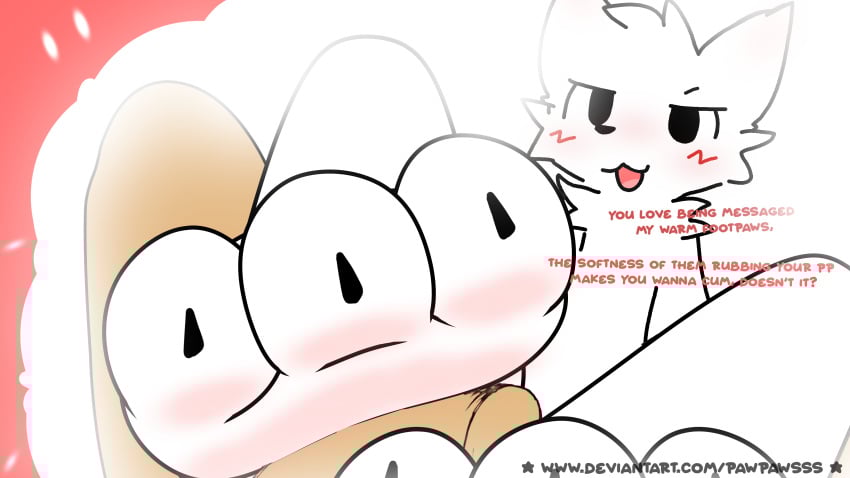 3_toes absurd_res anthro average_penis black_nose blush blush_lines boy_kisser_(meme) cheek_tuft chest_tuft claws digital_media_(artwork) domestic_cat duo english_text eyebrows facial_tuft feet felid feline felis first_person_view foot_fetish foot_focus foot_play footjob fur genitals head_tuft hi_res human human_on_anthro humanoid_genitalia humanoid_penis interspecies looking_at_viewer male male/male mammal meme open_mouth pawpawsss penis raised_eyebrow sex silly_cat_(mauzymice) simple_background talking_to_viewer text toes tuft white_background white_body white_fur