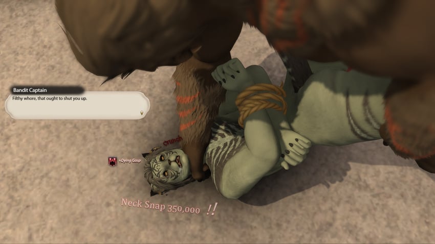 3d bad_end bondage death dialogue final_fantasy_xiv furry gameplay_mechanics hand_on_hip hand_on_neck hrothgar male neck_snap pinned rape rope rope_bondage triata vacant_stare
