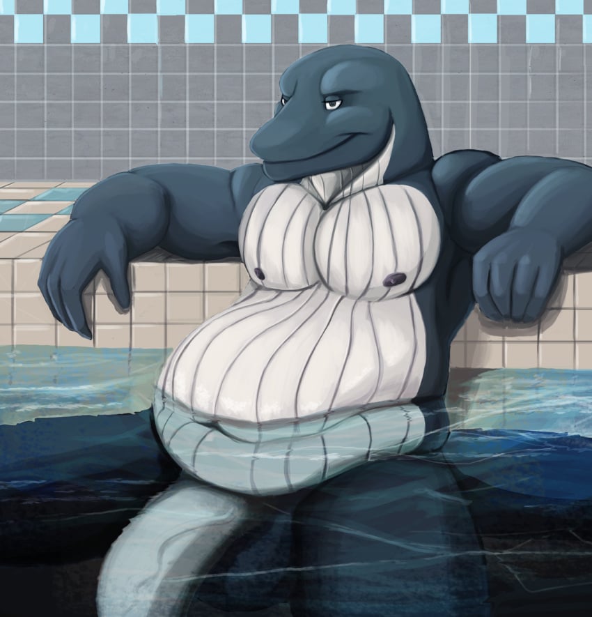 anthro balls belly big_penis black_body cetacean genitals half-erect hi_res inside male mammal marine musclegut muscular navel nipples partially_submerged penis pool resting smile solo stufferzz swimming_pool water whale white_body white_penis
