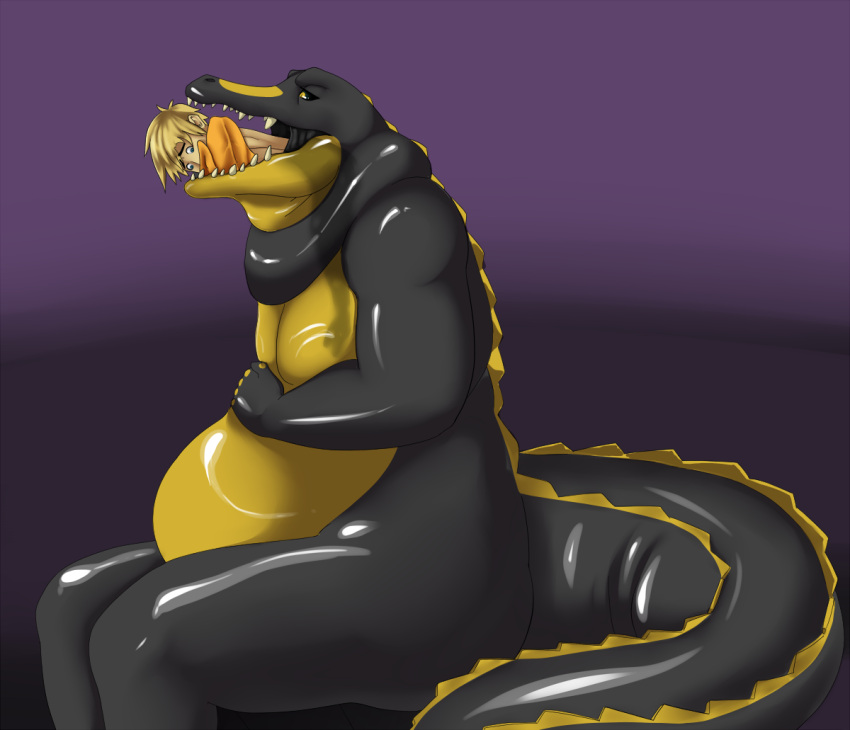 alligator alligatorid almost_fully_inside anthro ass belly big_belly black_body blonde_hair blue_eyes crocodilian duo feet_first hair hand_on_belly human larger_anthro larger_pred lex_(stufferzz) male male/male mammal oral_vore pale_skin purple_background reptile scalie sharp_teeth simple_background sitting size_difference smaller_human stufferzz tail teeth tongue translucent translucent_body vore yellow_body yellow_eyes