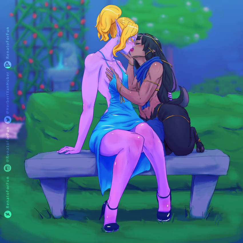 blonde_hair elf female female_only fondling madeleine_(renatoforfun) pointy_ears purple_skin renatoforfun satyr sayri_naqh tagme