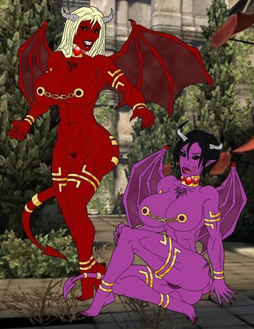 2d 2girls ass_expansion breast_expansion collar comic corrupted corruption demon_girl dragon_age dragon_age_2 dragon_age_origins evil_grin female female_only glowing_eyes hair_color_change iceman2436 isabela_(dragon_age) leliana nipples pussy re-maker skin_color_change thigh_expansion transformation