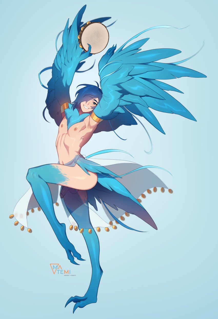 animal_humanoid areola avian avian_humanoid balls biped claws eyebrows genitals glans hair hair_over_eye harpy harpy_boy hi_res humanoid humanoid_genitalia humanoid_penis male matemi musical_instrument nipples penis percussion_instrument smile solo tambourine