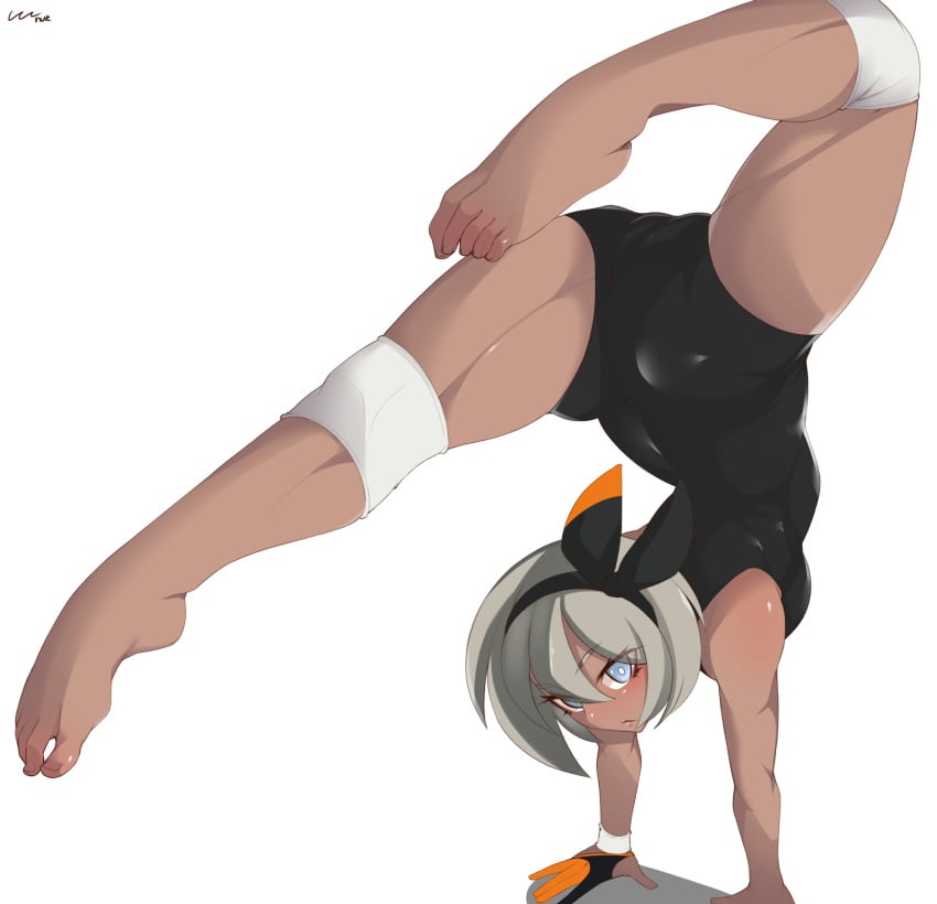 1girls ass ass_up barefoot bea_(pokemon) big_ass big_butt breasts cameltoe cow_coconut dark-skinned_female feet female female_only flexible grey_hair handstand headband muscular muscular_female muscular_legs pokemon pokemon_ss ribbon scorpion_pose small_breasts solo teenager thick_thighs thin_waist toes white_background wide_hips