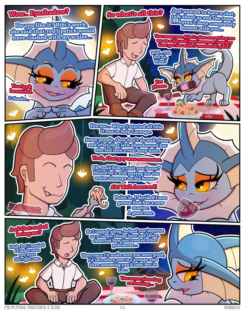 apricot_(bnbigus) bnbigus comic cute dialogue eeveelution feral fireflies human human_male im_putting_together_a_team interspecies light-skinned_male light_skin nintendo no_sex outdoors page_82 picnic pokemon pokephilia romantic spaghetti tagme vaporeon wholesome wine zoophilia