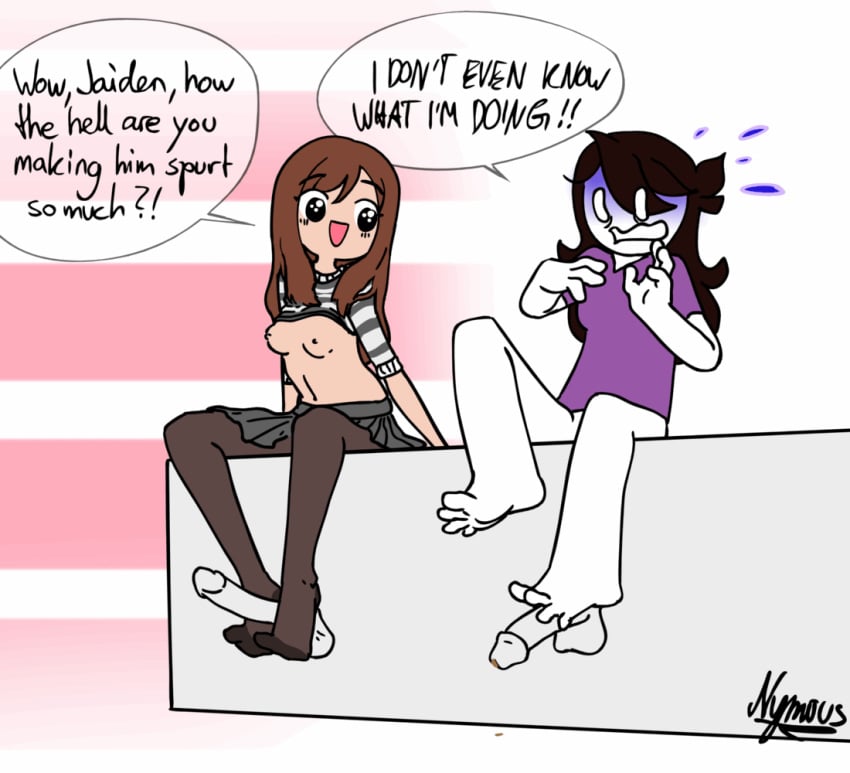 2girls accurate_art_style animated artist_signature background barefoot breasts brown_hair comic cum cum_on_feet cum_on_toes dialogue disembodied_penis ejaculation emirichu fanart feet foot_fetish footjob footjob_with_legwear glory_hole jaiden jaiden_animations legwear multiple_girls nymous open_mouth orgasm pantyhose scared screaming sitting smiling sockjob soles speech_bubble speech_bubbles stockings striped_shirt tagme text toes youtube youtuber