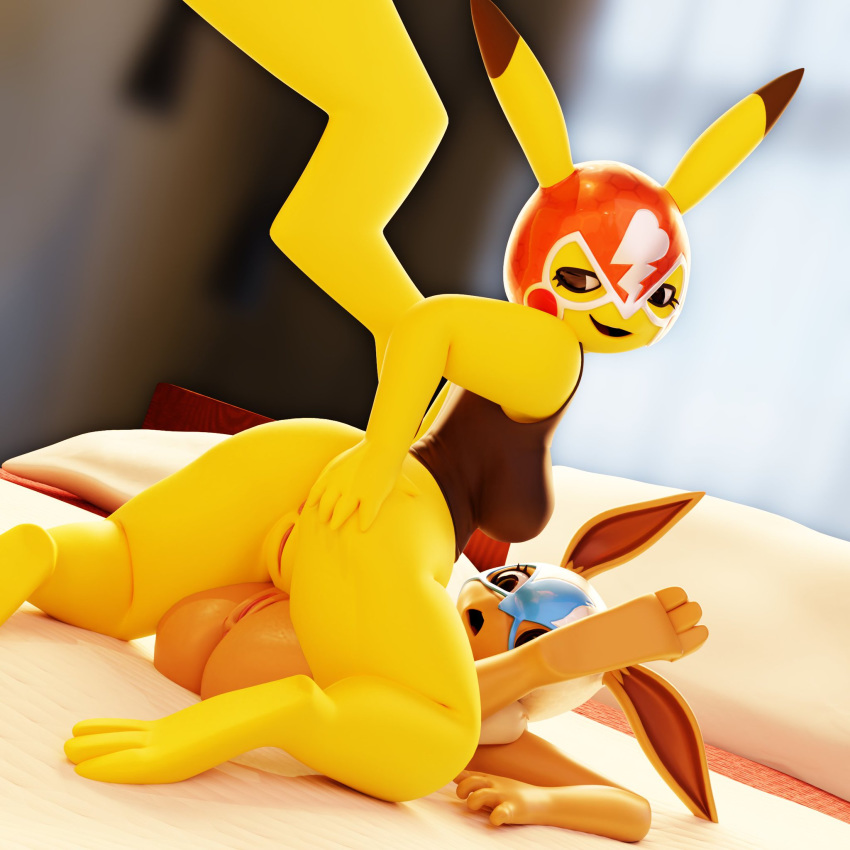 1:1 2019 2girls 3d 3d_(artwork) anthro anthrofied anus ass bed breasts clothed clothing cosplay_pikachu digital_media_(artwork) duo eevee female fur furry furry_only hand_on_ass looking_back mammal mask nara41x nintendo nsfwo nsfwo262 open_mouth original_character pikachu pikachu_libre pokémon_(species) pokemon pokemon_(species) pokemorph pussy seductive smile surprise tail topwear vagina video_games wo262 yuri