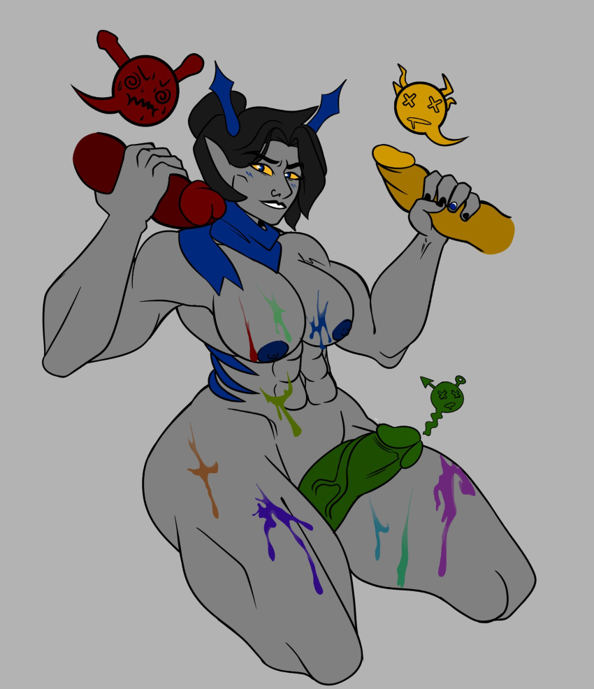 1girls 3boys abs blue_eyes blue_nails blue_nipples blush cum cum_on_body disembodied_penis female grey_background grey_skin handjob hiveswap horns looking_at_viewer ms_paint_adventures multiple_penises nihkee_moolah pointy_ears scar scarf solo straight studentsmut thighjob troll