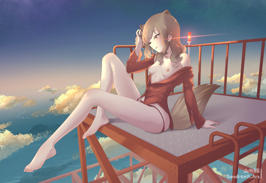 animal_ears barefoot bed blush breasts brown_eyes brown_hair clothing cloud feet female fernandia_malvezzi nipples no_bra on_bed open_mouth panties red_panties red_shirt sandrewf shiny shiny_hair shirt sitting sky small_breasts solo squirrel_ears squirrel_tail strike_witches tail underwear world_witches_series