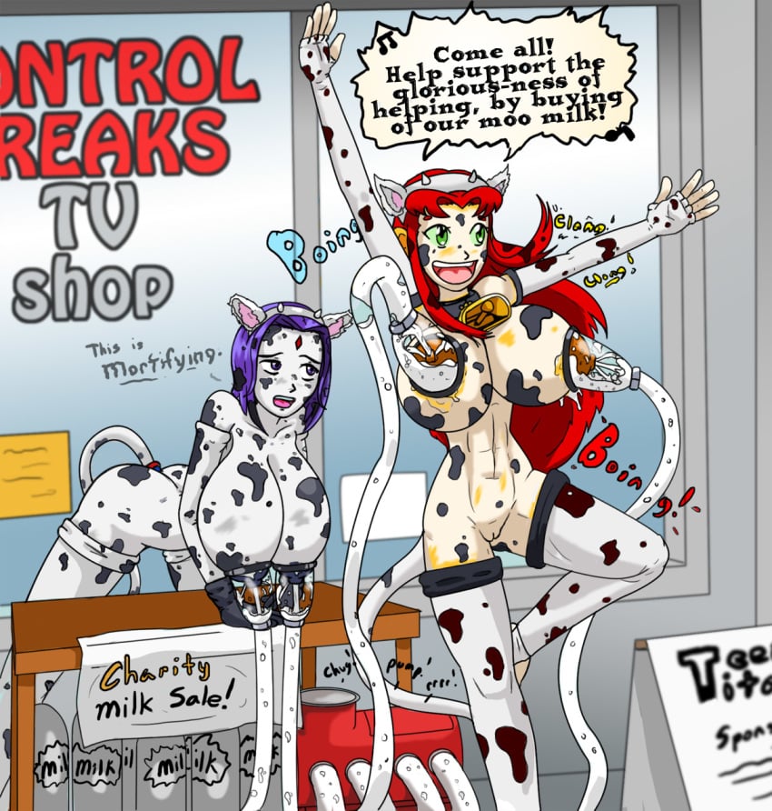 all_fours cow_girl cow_tail dc dc_comics female_only hucow jim_sugomi lactating lactation milk milking milking_machine rachel_roth raven_(dc) royalty starfire straight_hair tail tamaranean teen_titans