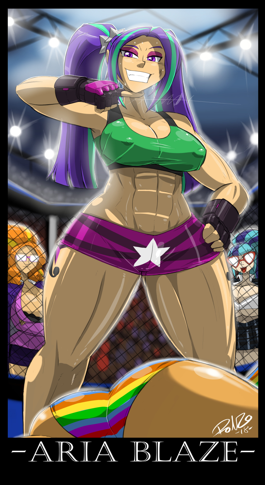 abs adagio_dazzle alternate_skin_color aria_blaze being_watched bottom_heavy boxing_gloves cage_match defeated equestria_girls erect_nipples_under_clothes evil_grin female female_focus fighter fighting_ring fingerless_gloves fit fit_female friendship_is_magic gesture green_shirt highres knocked_down miniskirt multicolored_hair muscular muscular_female my_little_pony nipple_bulge public purple_eyes purple_hair purple_skirt rainbow_dash_(mlp) rainbow_panties rainbow_rocks ronzo shonuff shonuff44 shorts signature six_pack smile smug sonata_dusk tank_top tattoo thick_thighs thigh_tattoo toned toned_female twintails two_tone_hair watching wide_hips