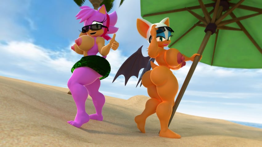 2girls 3d amy_rose animal_ears anthro back_view bare_shoulder barefoot bat batwings beach bimbo blue_eyes breasts butt_crack cleavage closed_eyes clothed_female_nude_female curvy detailed_background erect_nipples eyelashes eyeshadow feline female female_only front_view furry futanari glasses green_eyes half-dressed half_dressed hedgehog hourglass_figure humanoid large_breasts lipstick looking_at_viewer lowkeydiag makeup mammal multiple_girls no_bra nude one-eye_closed open_mouth outdoor outdoors pink_lipstick pink_skin pose posing rouge_the_bat sand sega shadow short_hair sonic_(series) standing sunglasses sunglasses_on_head swimsuit tail thumbs_up topless tree umbrella voluptuous wide_hips wink yellow_skin