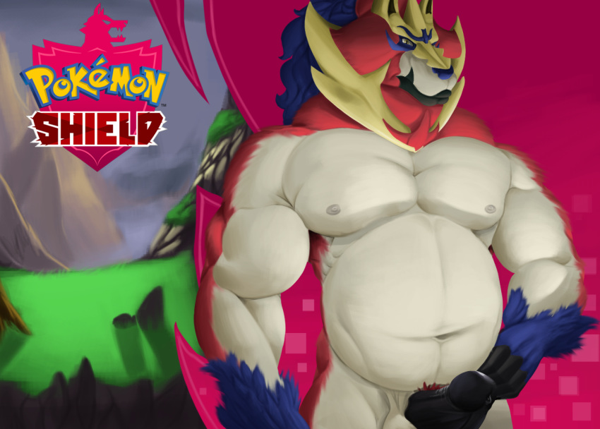 1boy 2019 anthro anthrofied bara belly big_belly big_penis black_penis blue_fur canine chubby clothing detailed_background fur grass hamili humanoid_penis legendary_pokémon logo male male_only mammal mountain musclegut muscular muscular_male navel nintendo nipples outdoors penis pokémon_(species) pokemon pokemon_ss pubic_hair red_fur solo standing stone testicles text thong video_games white_fur yellow_eyes zamazenta