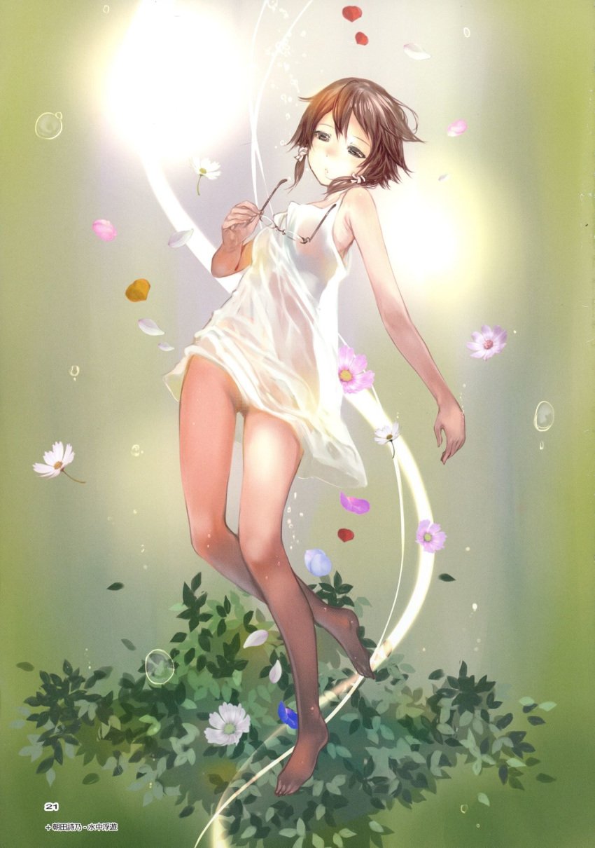 1girls asada_shino barefoot brown_eyes brown_hair dress female flower full_body glasses green_background hair_ribbon highres holding holding_eyewear mikazuki_akira page_21 page_number pussy ribbon rimless_eyewear short_dress short_hair sidelocks sleeveless sleeveless_dress solo sword_art_online thigh_gap white_dress white_flower white_ribbon