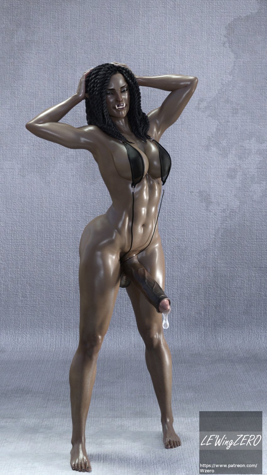 1futa 3d abs areolae athletic balls big_breasts big_penis black_hair breasts brown_skin colbra dark-skinned_futanari dark_skin dickgirl dreadlocks erection eyeshadow fangs futa_only futanari hands_on_head intersex long_hair midriff nipples nude orc orc_futanari penis posing precum precum_drip sling_bikini solo standing transparent_clothing tusks uncut watermark wide_hips