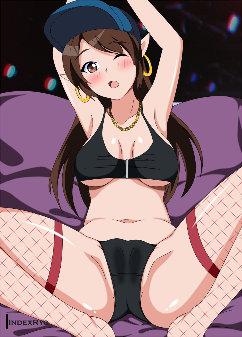 1girls alternate_costume blush brown_eyes brown_hair earrings elf female fishnet_stockings fishnets indexryo looking_at_viewer paladins pointy_ears solo street_style street_style_ying underboob wink ying_(paladins)