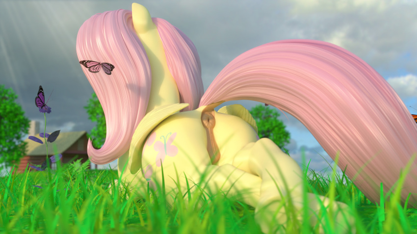 16:9 2019 3d 3d_(artwork) anatomically_correct anatomically_correct_anus anatomically_correct_pussy animal_genitalia animal_pussy anus arthropod ass butterfly clopician cloud cutie_mark digital_media_(artwork) dock equid equine female feral fluttershy_(mlp) friendship_is_magic grass hi_res horsepussy insects landscape lepidopteran lying mammal my_little_pony on_front outside patreon pterippus pussy rear_view sky solo wings