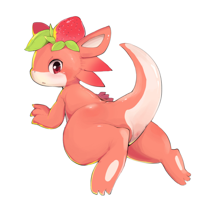 3_fingers 3_toes ambiguous_gender anthro anus dragon fingers food fruit full-length_portrait looking_at_viewer male male_only plant portrait red_eyes simple_background solo strawberry toes white_background x_anus yupa