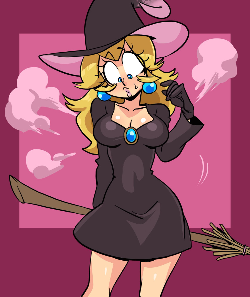 1girls big_breasts black_dress blonde_hair blue_eyes breasts broom cleavage dress female female_only gloves halloween hat long_hair low_cut_top mario_(series) nintendo princess_peach purple_background sasatseng short_dress simple_background solo standing witch witch_broom witch_hat