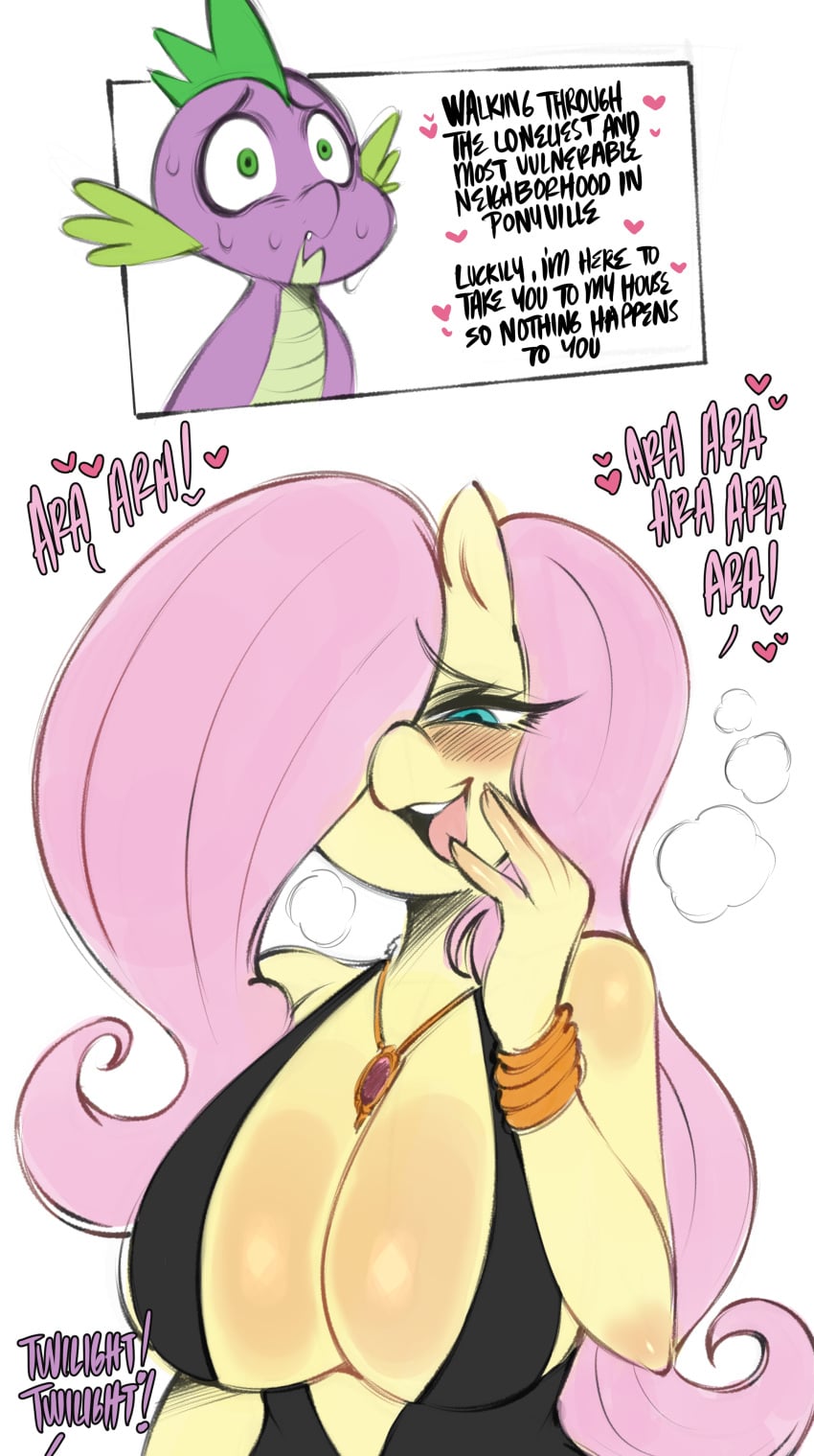 1boy 1girls ara_ara bare_arms bare_shoulders big_breasts blue_eyes blush color dragon dragon_boy english_text female fluttershy_(mlp) green_eyes hi_res horse horse_girl large_breasts larger_female light-skinned_female light_skin long_hair male male/female mature_female my_little_pony my_little_pony_friendship_is_magic open_mouth pink_hair saltyxodium size_difference smaller_male spike_(mlp) tagme text text_bubble voluptuous